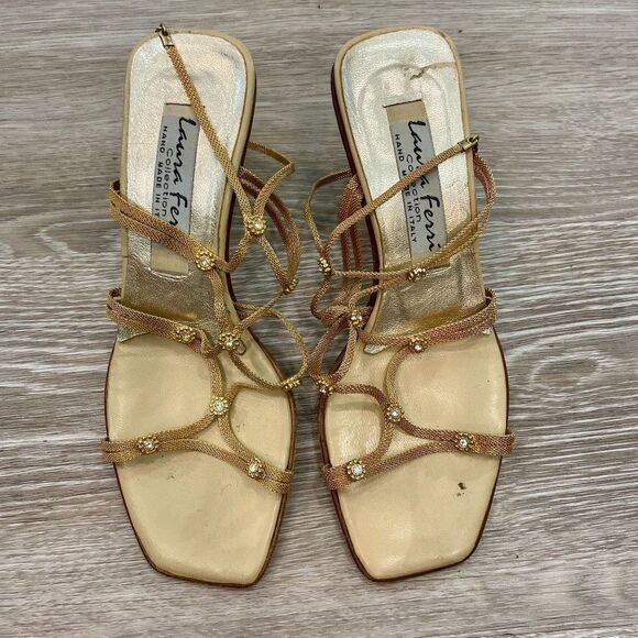 Vintage Golden Tone Square Toe Metallic Chain Strappy Slingback Sandals sz 5 - Picture 1 of 9
